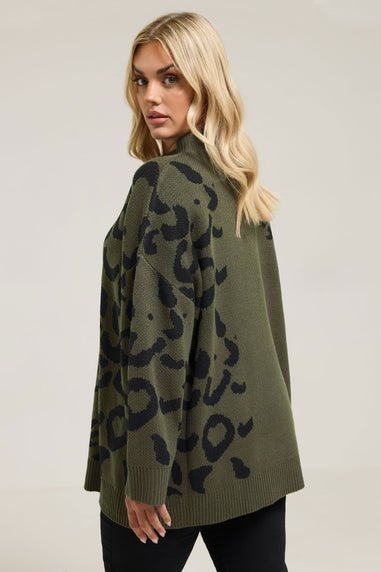 Yours Curve Khaki Green Leopard High Neck Jumper