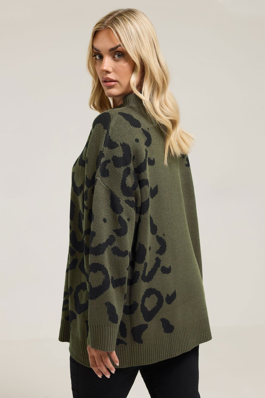 Yours Curve Khaki Green Leopard High Neck Jumper