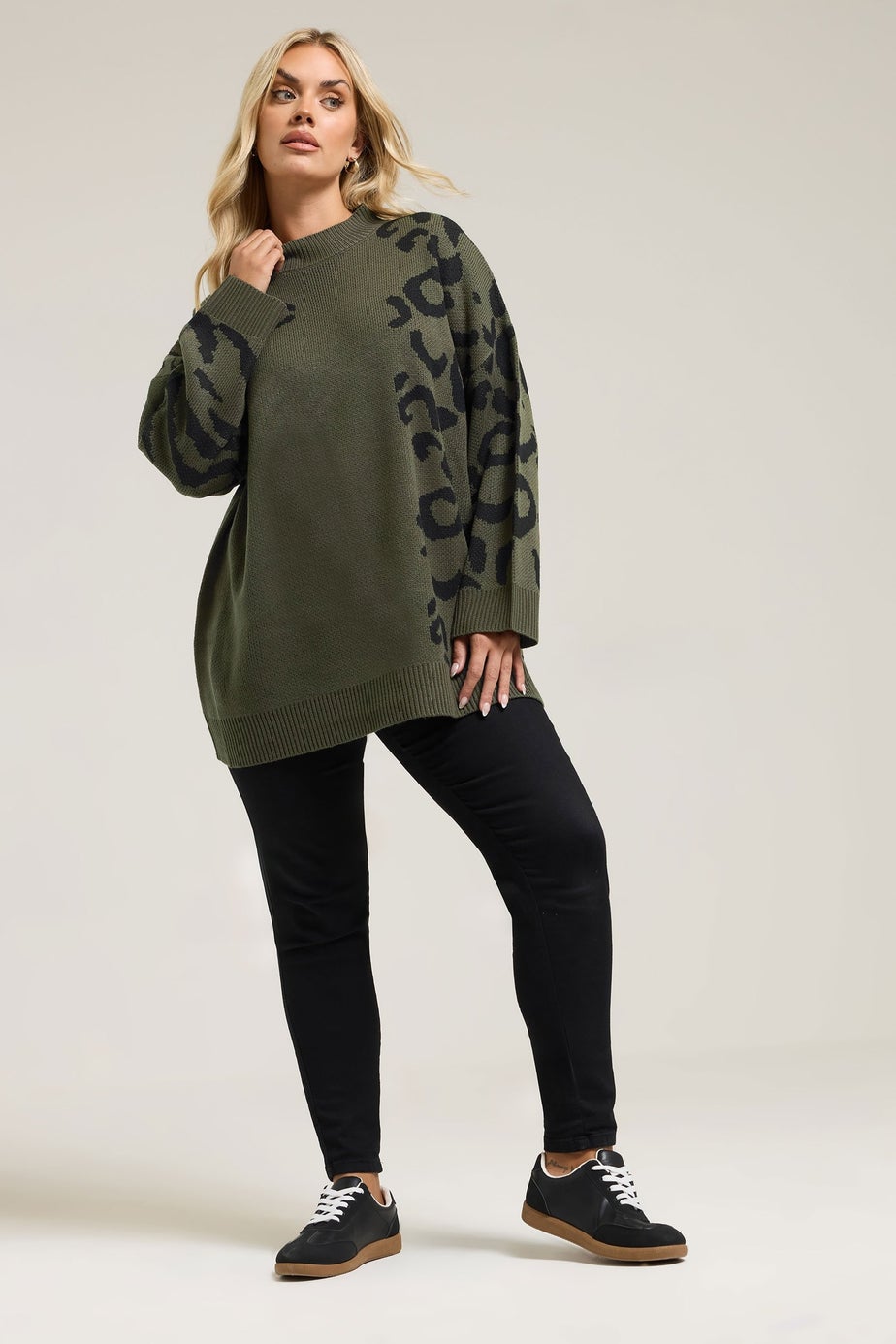 Yours Curve Khaki Green Leopard High Neck Jumper