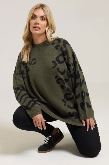 Yours Curve Khaki Green Leopard High Neck Jumper