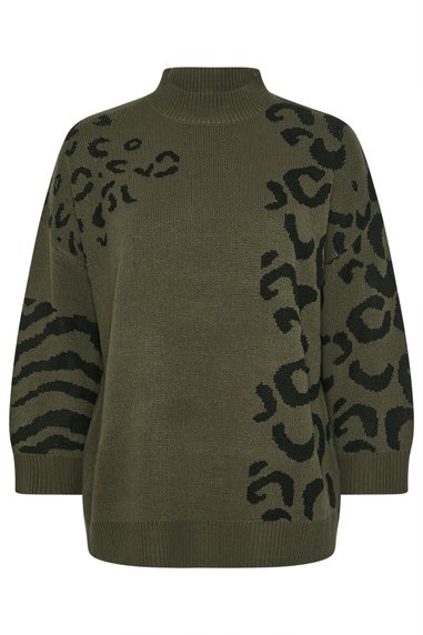 Yours Curve Khaki Green Leopard High Neck Jumper