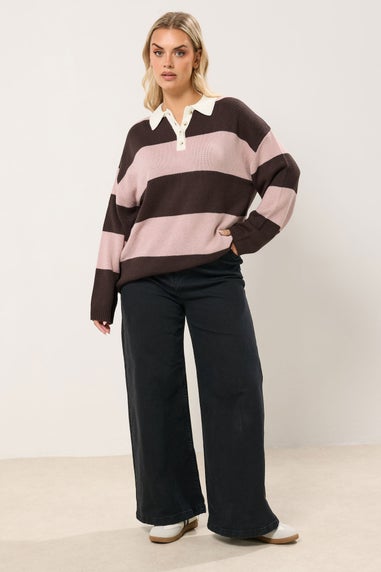 Yours Curve Pink Striped Rugby Collar Jumper