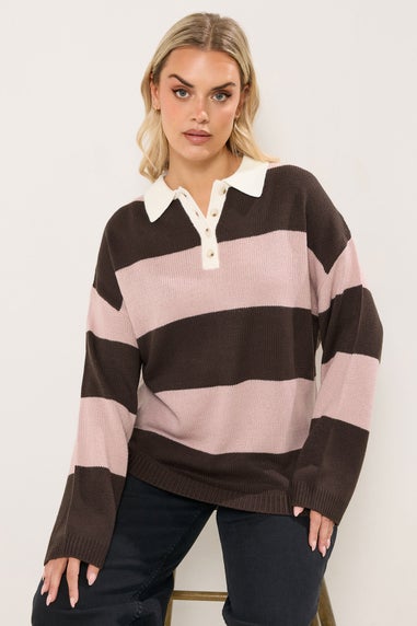 Yours Curve Pink Striped Rugby Collar Jumper
