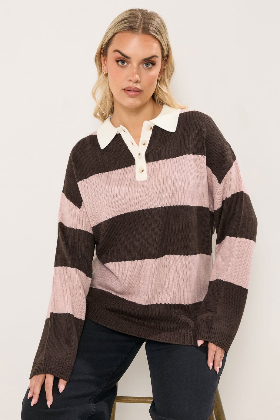 Yours Curve Pink Striped Rugby Collar Jumper