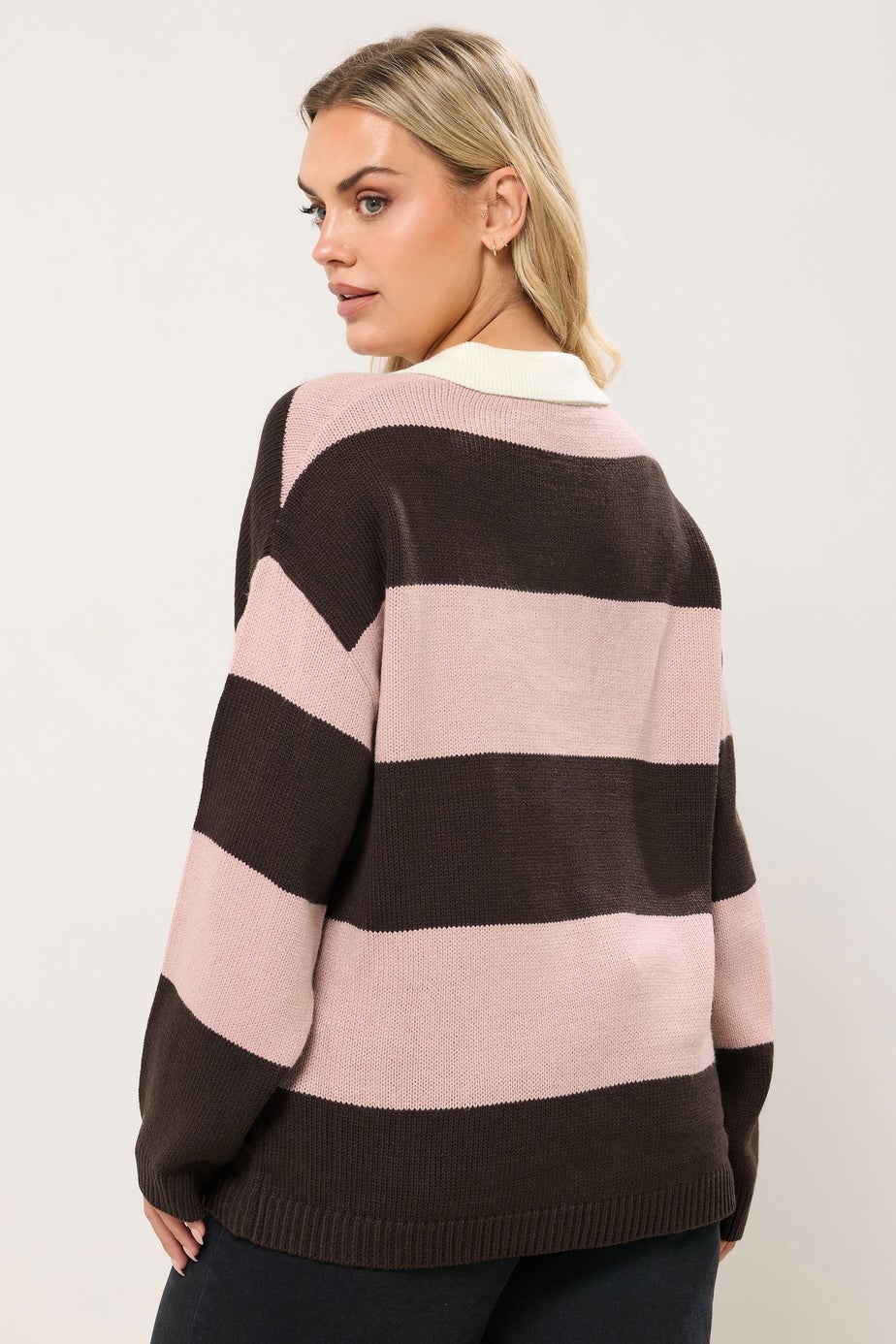 Yours Curve Pink Striped Rugby Collar Jumper