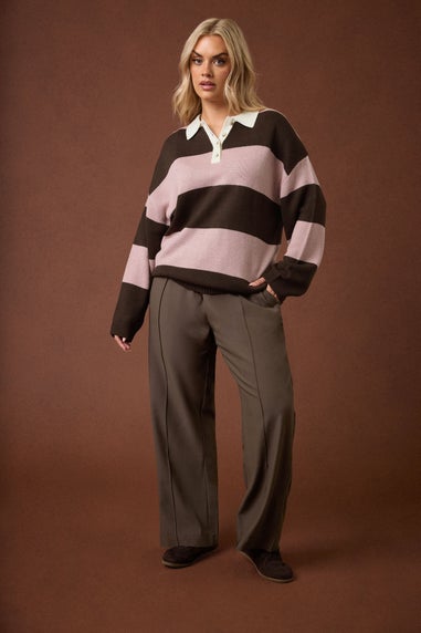 Yours Curve Pink Striped Rugby Collar Jumper
