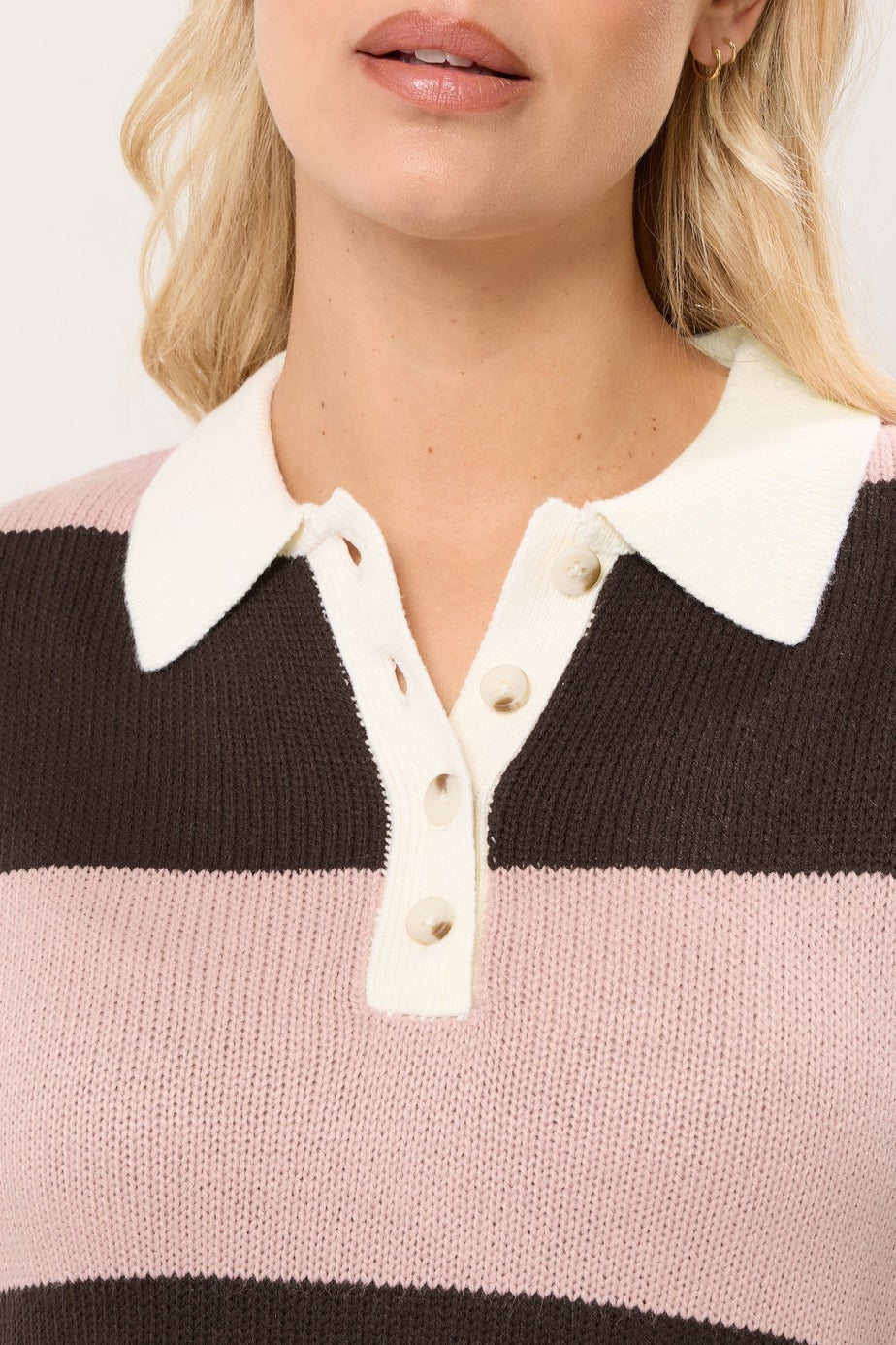 Yours Curve Pink Striped Rugby Collar Jumper