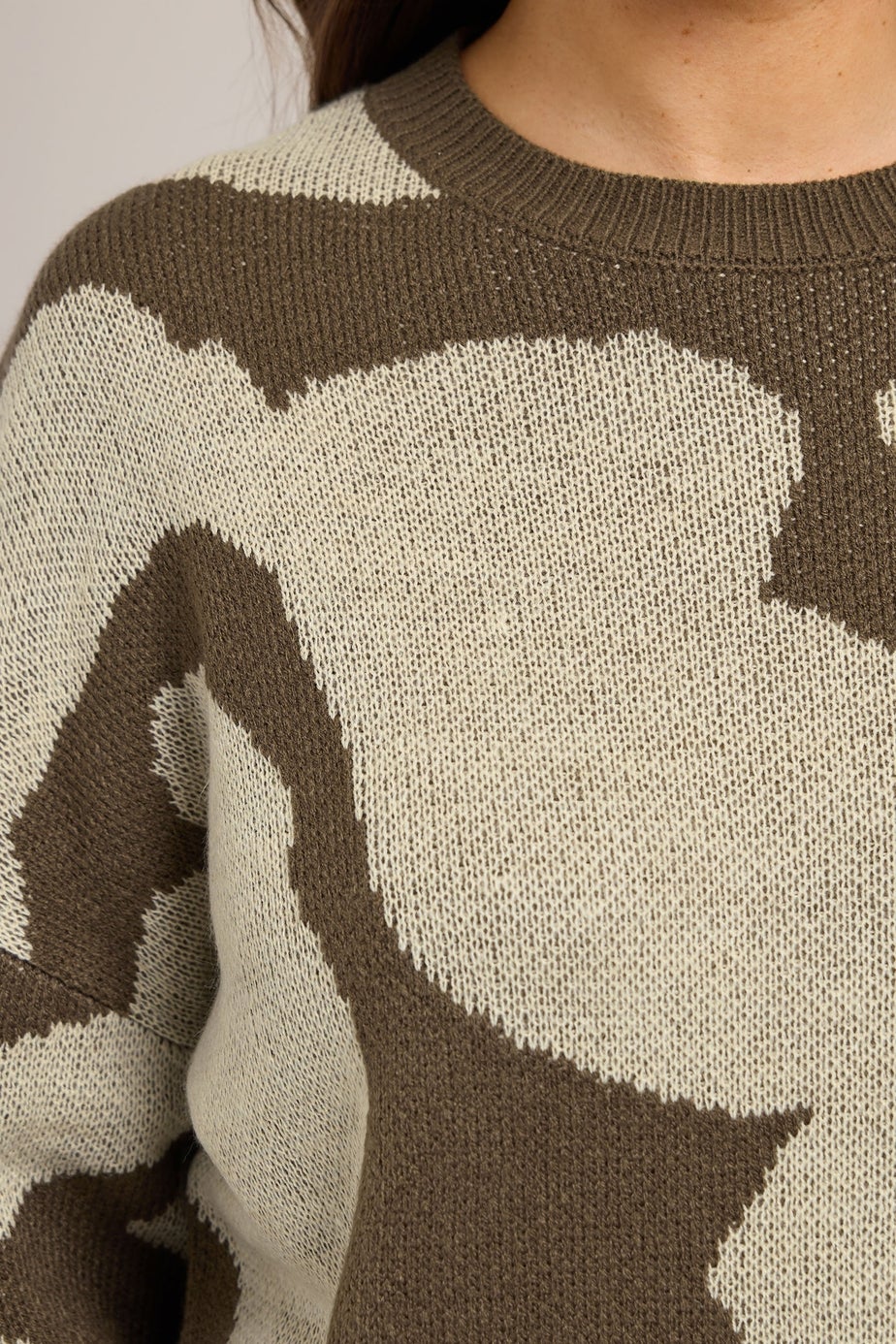 Yours Curve Brown Blurred Floral Knitted Jumper