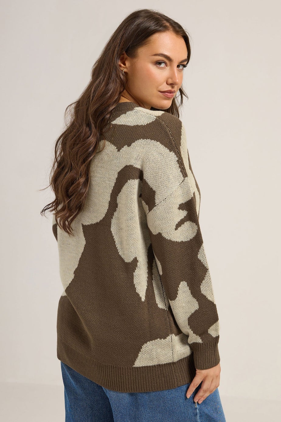 Yours Curve Brown Blurred Floral Knitted Jumper
