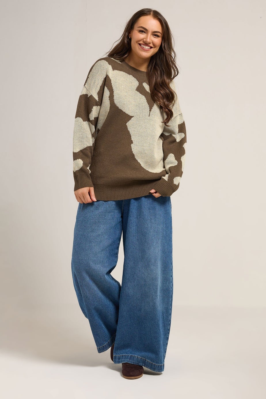 Yours Curve Brown Blurred Floral Knitted Jumper