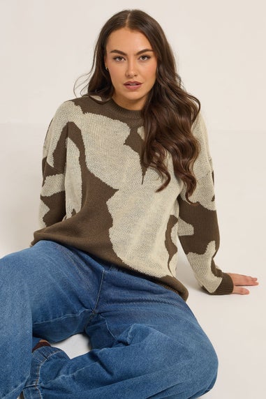 Yours Curve Brown Blurred Floral Knitted Jumper