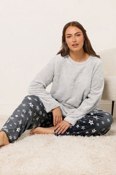 Yours Curve Grey Embossed Star Borg Lounge Set