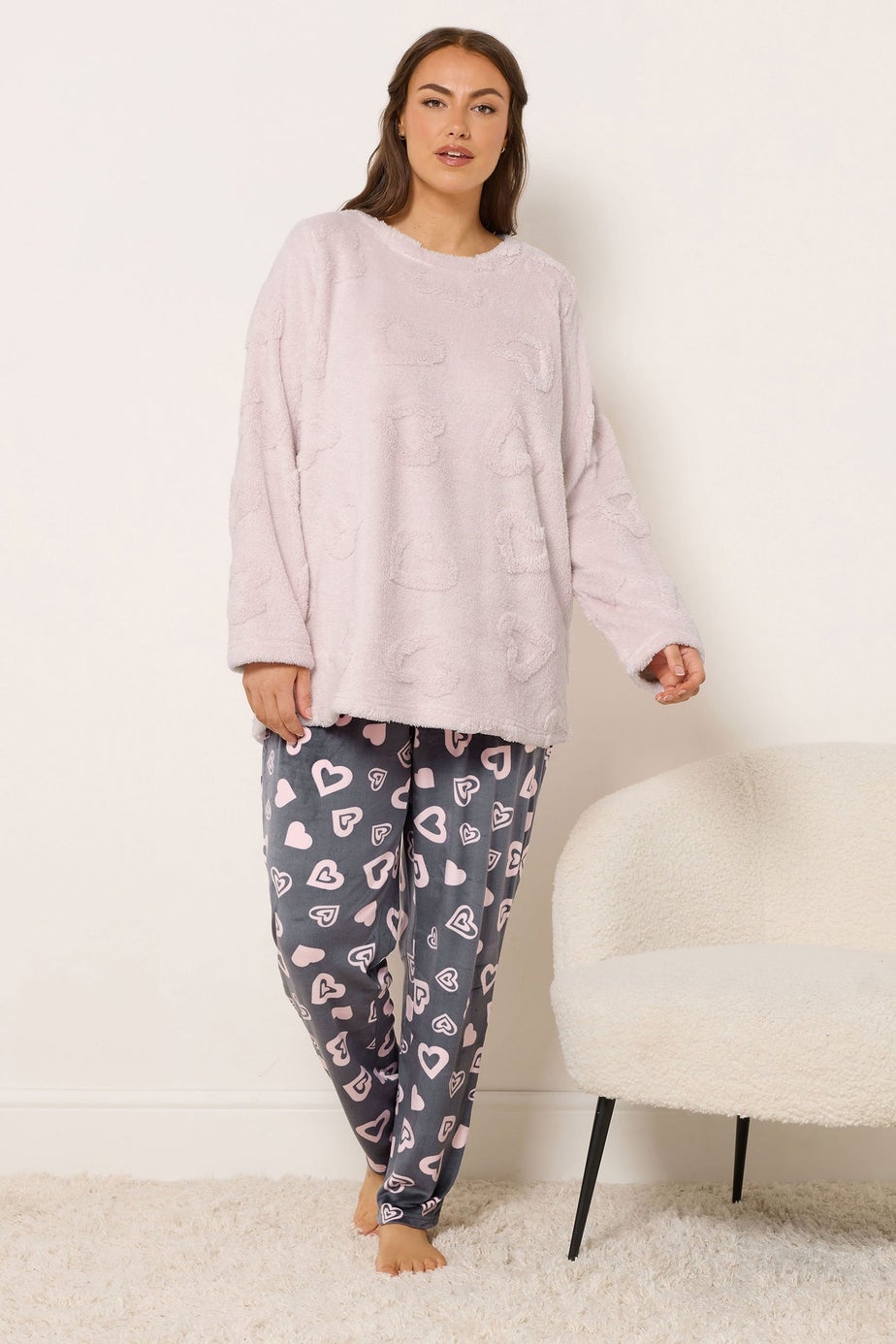 Yours Curve Pink Heart Texture Borg Lounge Set
