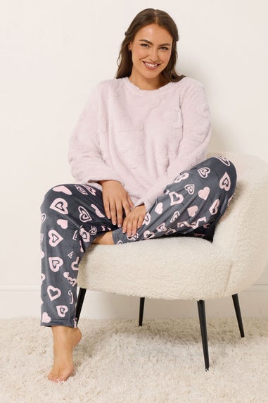 Yours Curve Pink Heart Texture Borg Lounge Set