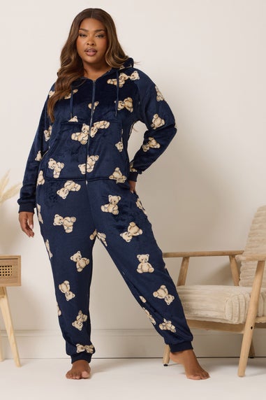 Yours Curve Navy Blue Teddy Bear Print Onesie