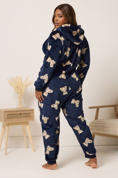 Yours Curve Navy Blue Teddy Bear Print Onesie