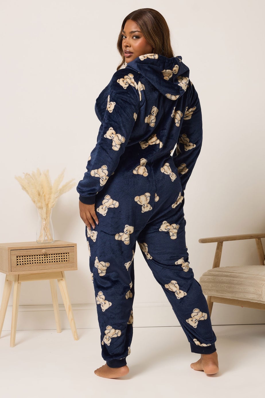 Yours Curve Navy Blue Teddy Bear Print Onesie
