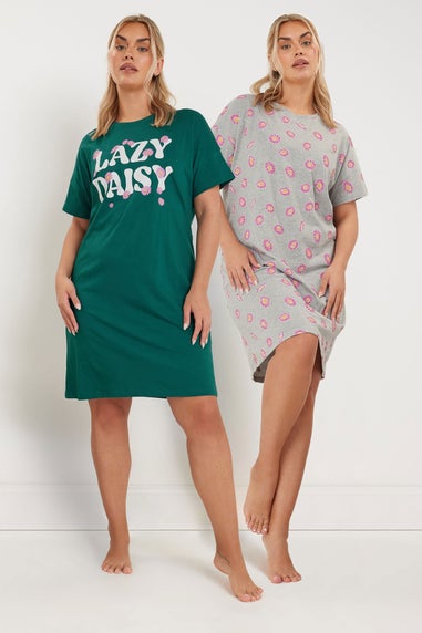 Yours Curve 2 Pack Green 'Lazy Daisy' Slogan Printed Nightdresses