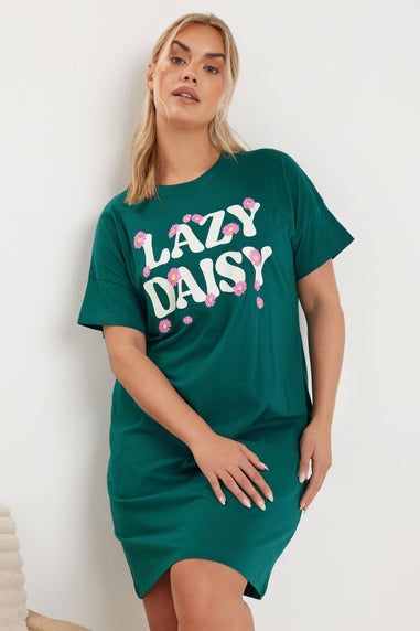Yours Curve 2 Pack Green 'Lazy Daisy' Slogan Printed Nightdresses