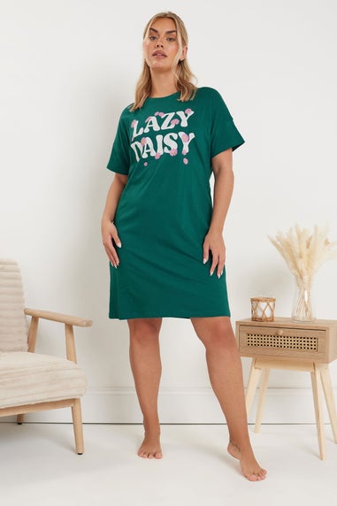 Yours Curve 2 Pack Green 'Lazy Daisy' Slogan Printed Nightdresses