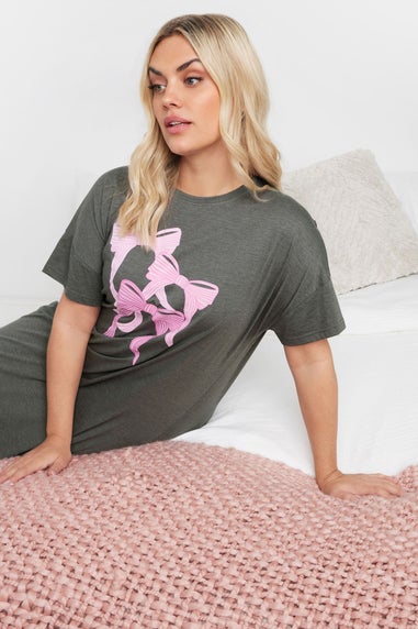 Yours Curve 2 Pack Grey & Pink Bow Print Nightdresses