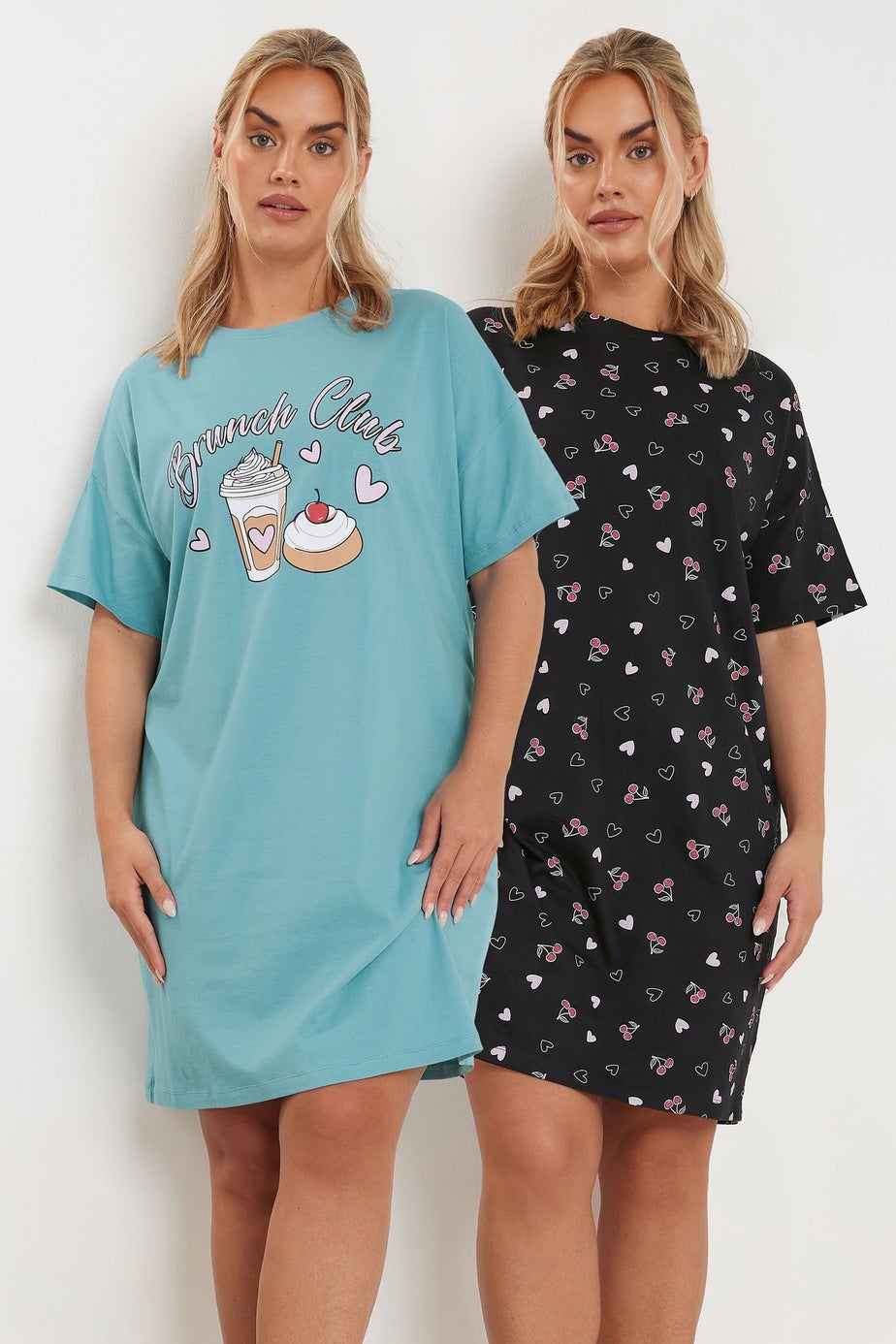 Yours Curve 2 Pack Cotton Blue 'Brunch Club' Nightdresses
