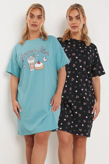 Yours Curve 2 Pack Cotton Blue 'Brunch Club' Nightdresses