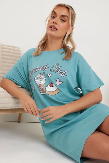 Yours Curve 2 Pack Cotton Blue 'Brunch Club' Nightdresses