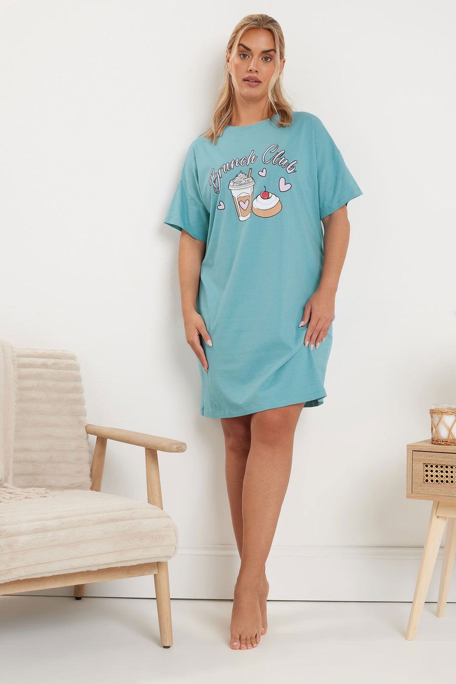 Yours Curve 2 Pack Cotton Blue 'Brunch Club' Nightdresses