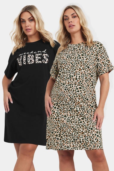 Yours Curve 2 Pack Black 'Weekend Vibes' Leopard Print Nightdresses