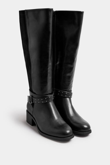 Yours Black Faux Leather Buckle Detail Knee High Boots In Extra Wide EEE Fit