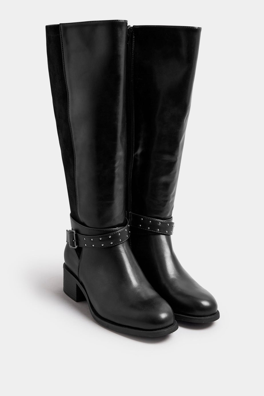 Yours Black Faux Leather Buckle Detail Knee High Boots In Extra Wide EEE Fit