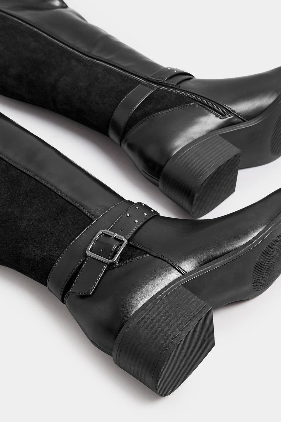 Yours Black Faux Leather Buckle Detail Knee High Boots In Extra Wide EEE Fit