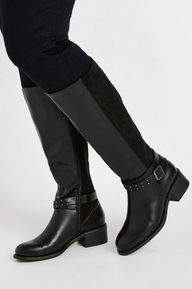 Yours Black Faux Leather Buckle Detail Knee High Boots In Extra Wide EEE Fit