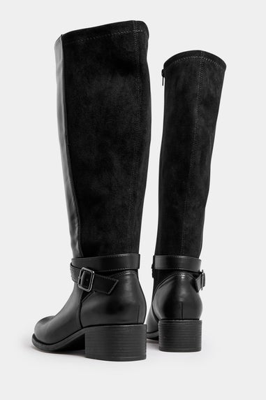 Yours Black Faux Leather Buckle Detail Knee High Boots In Extra Wide EEE Fit