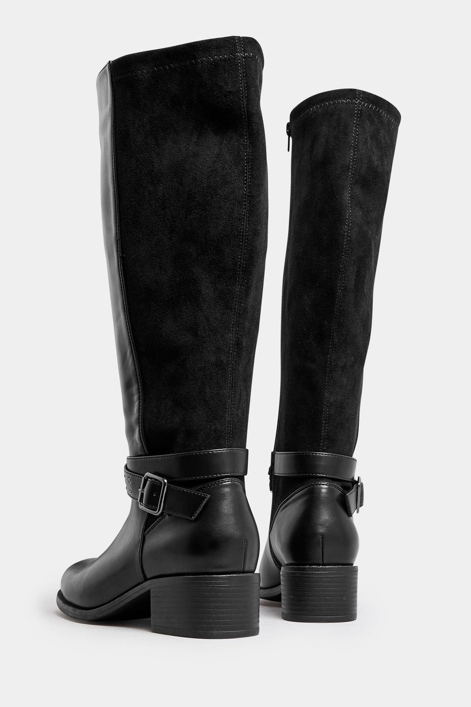 Yours Black Faux Leather Buckle Detail Knee High Boots In Extra Wide EEE Fit