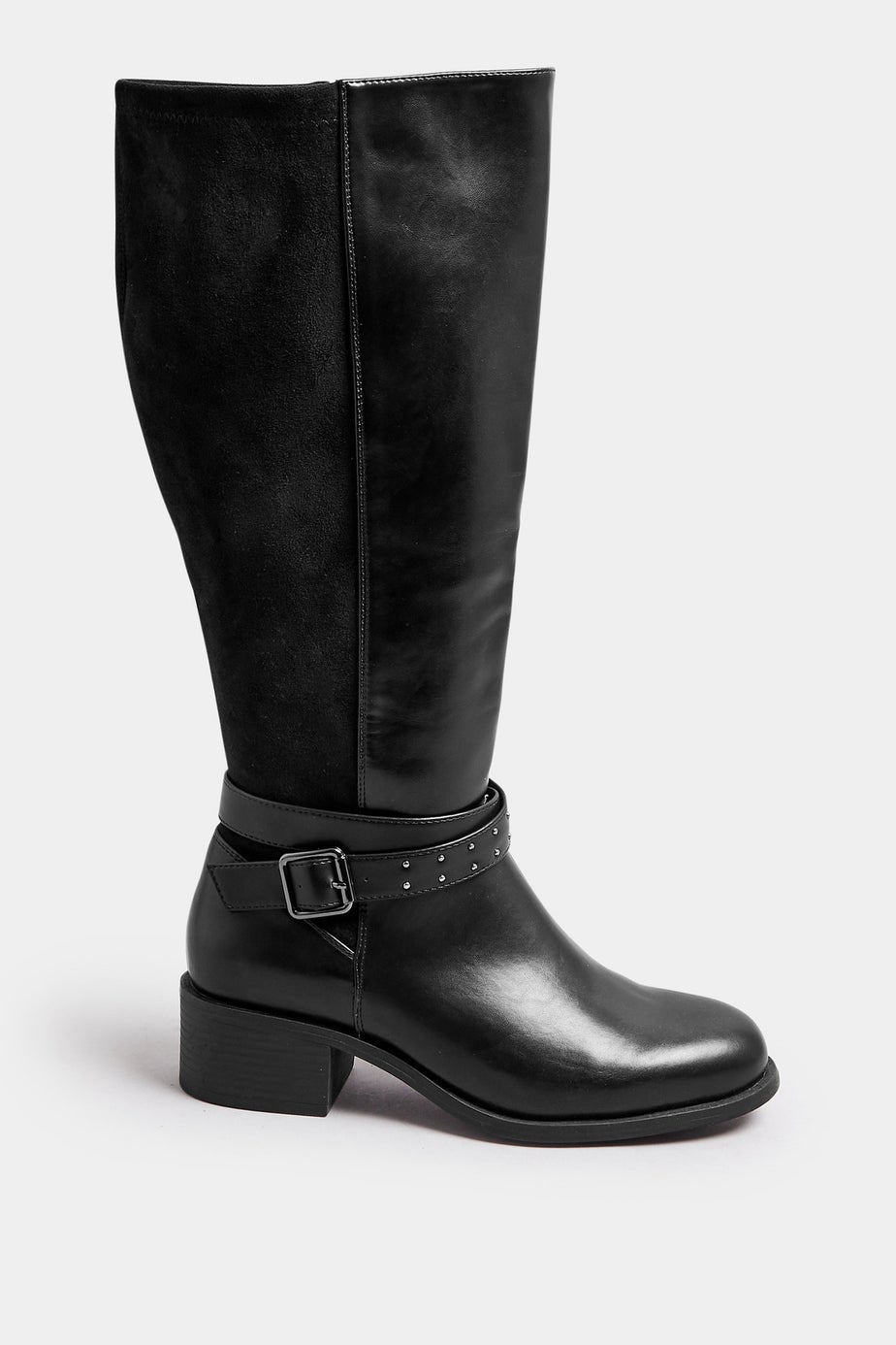 Yours Black Faux Leather Buckle Detail Knee High Boots In Extra Wide EEE Fit