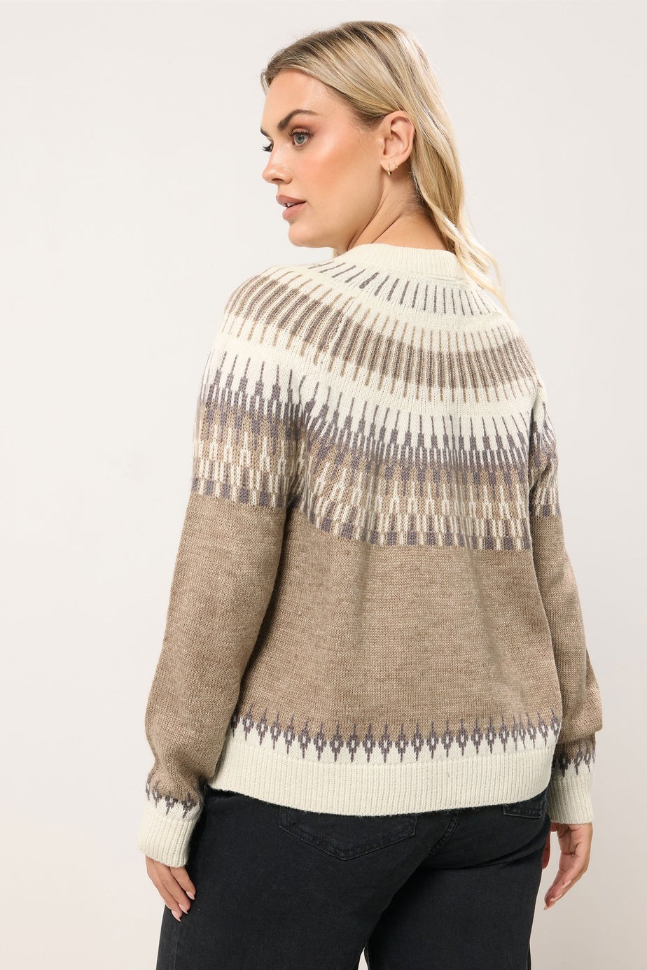 Yours Curve Natural Brown Fairisle Knitted Cardigan