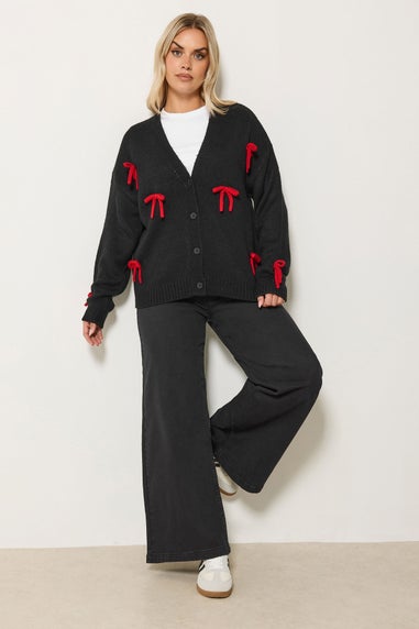 Yours Curve Black Bow Detail Knitted Cardigan