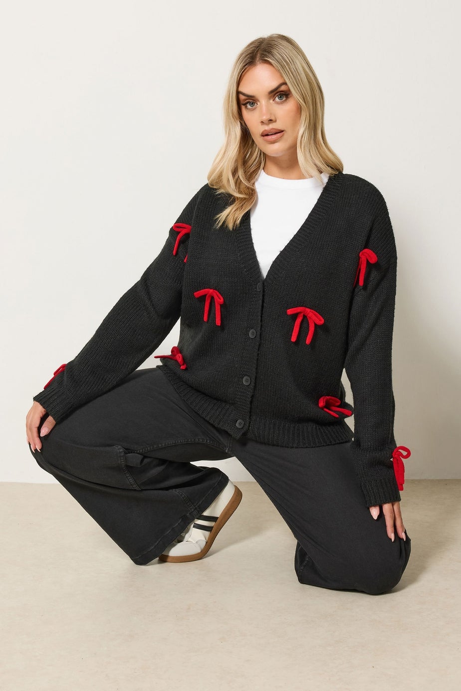 Yours Curve Black Bow Detail Knitted Cardigan
