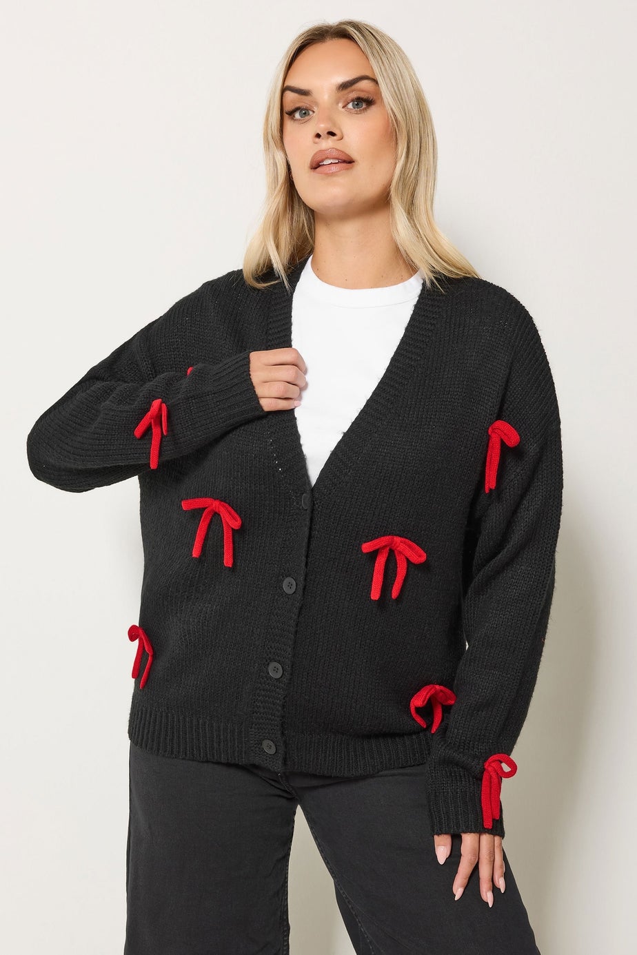 Yours Curve Black Bow Detail Knitted Cardigan