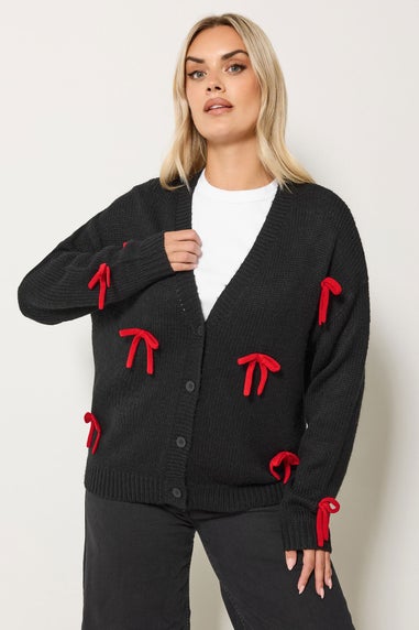 Yours Curve Black Bow Detail Knitted Cardigan