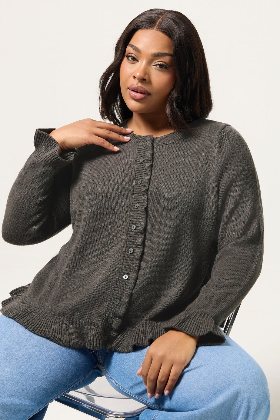 Yours Curve Charcoal Grey Frill Trim Cardigan