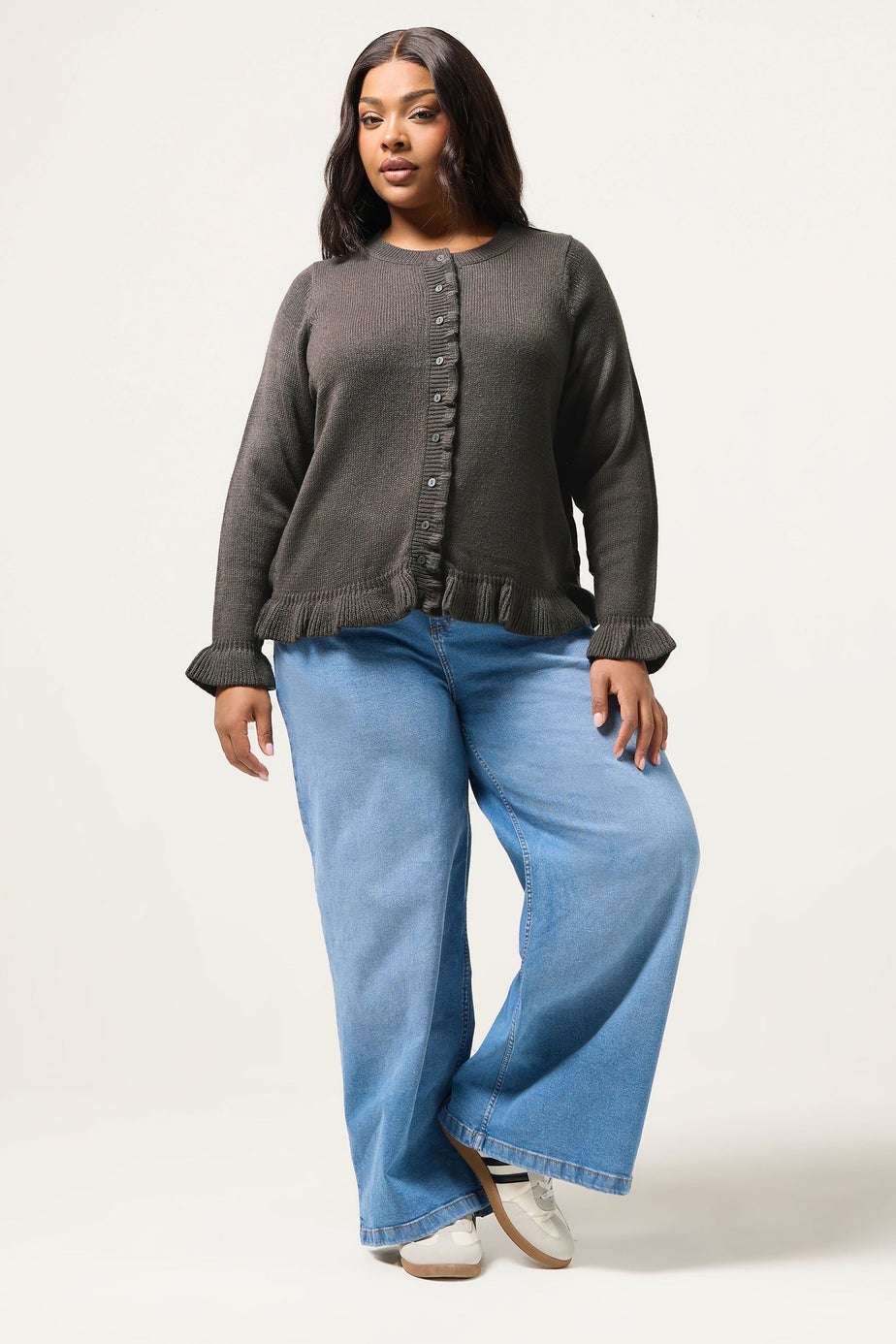 Yours Curve Charcoal Grey Frill Trim Cardigan