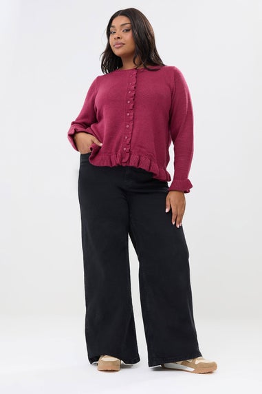 Yours Curve Wine Red Frill Trim Cardigan