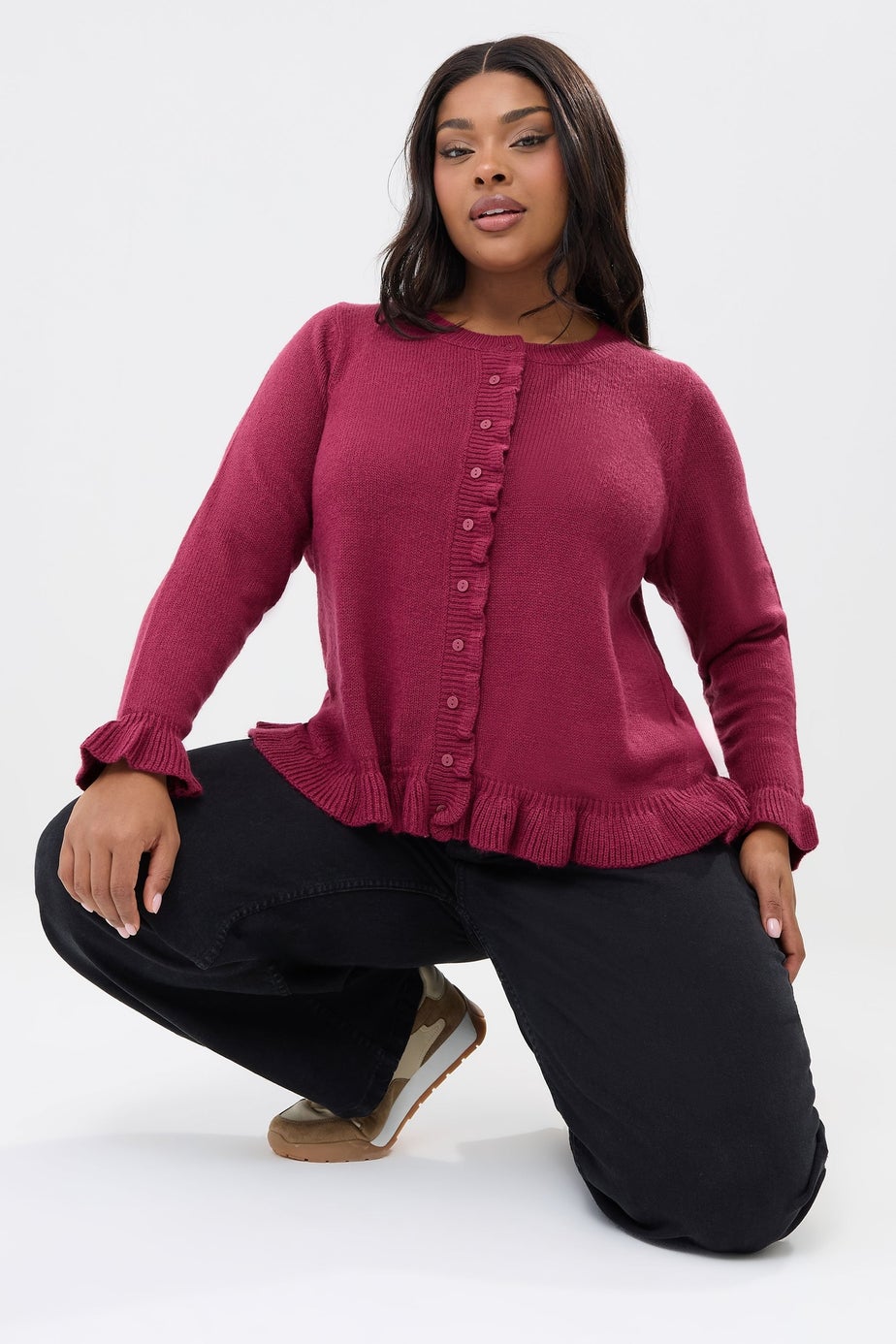 Yours Curve Wine Red Frill Trim Cardigan