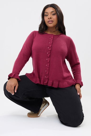 Yours Curve Wine Red Frill Trim Cardigan