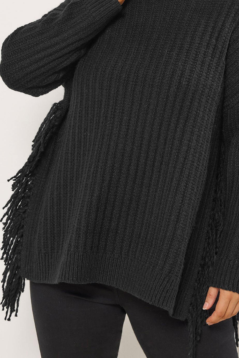 Yours Curve Black Fringe Knitted Jumper