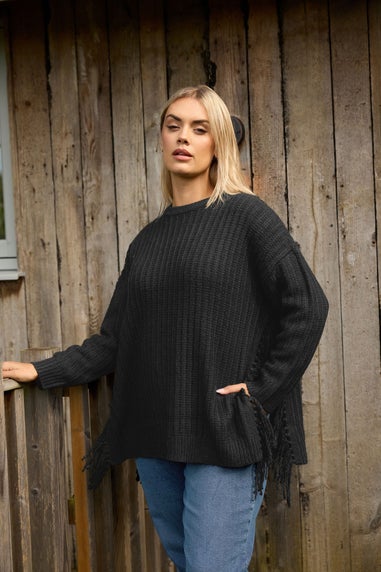 Yours Curve Black Fringe Knitted Jumper
