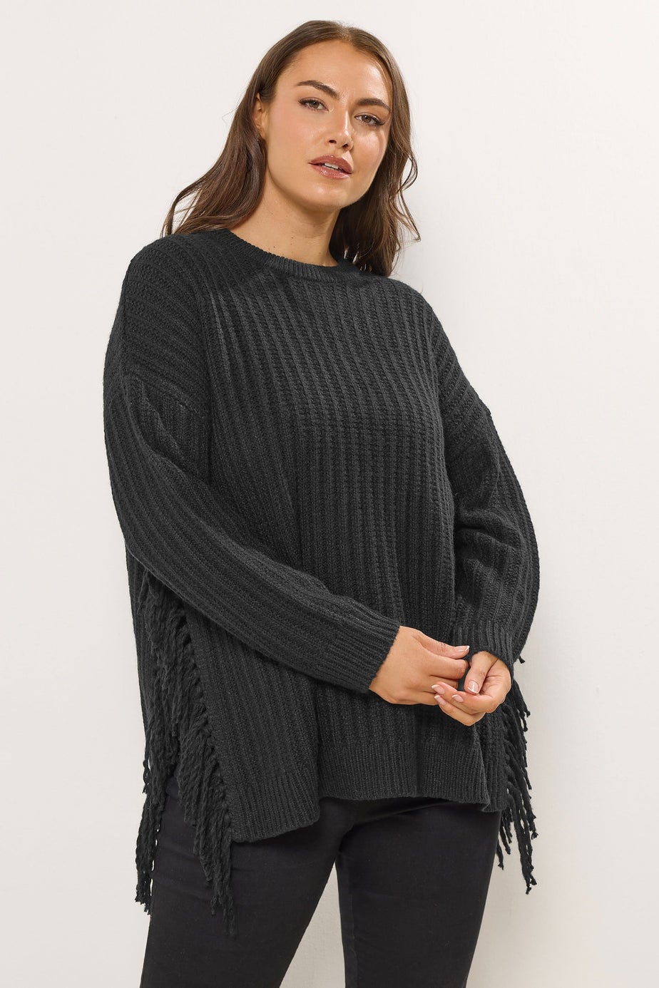 Yours Curve Black Fringe Knitted Jumper